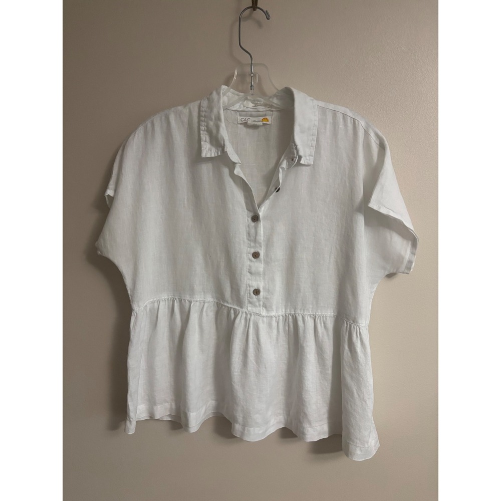 C&C California White 100% Linen Peplum Button Top Short Sleeve Small